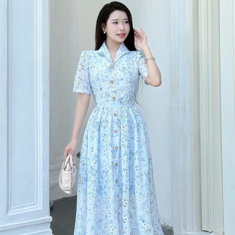 Váy Đầm Thiết Kế Ella Desgin dành cho nữ kiểu dáng maxi cổ bẻ thêu hoa phù hợp mặc đi làm đi chơi , có bigsize A78