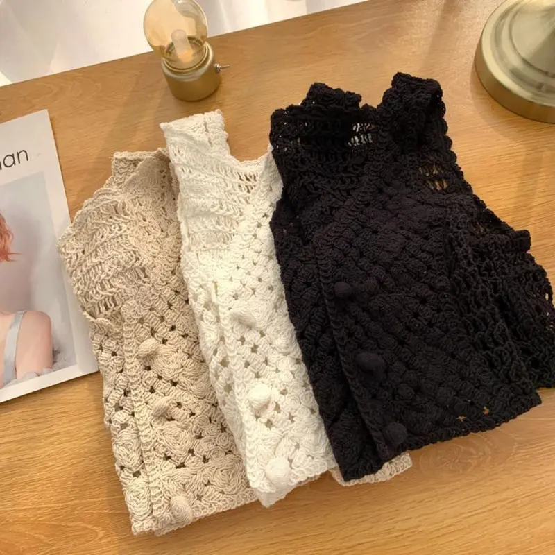 Áo Ba Lỗ Croptop Đan Áo Ba Lỗ, Thiết Kế Rỗng Phong Cách Cổ Điển, Dệt Kim Đi Biển, Cài Cúc, Áo Cardigan, Không Tay, Vải Sang Trọng Và Thường Ngày, Dành Cho Nữ 2