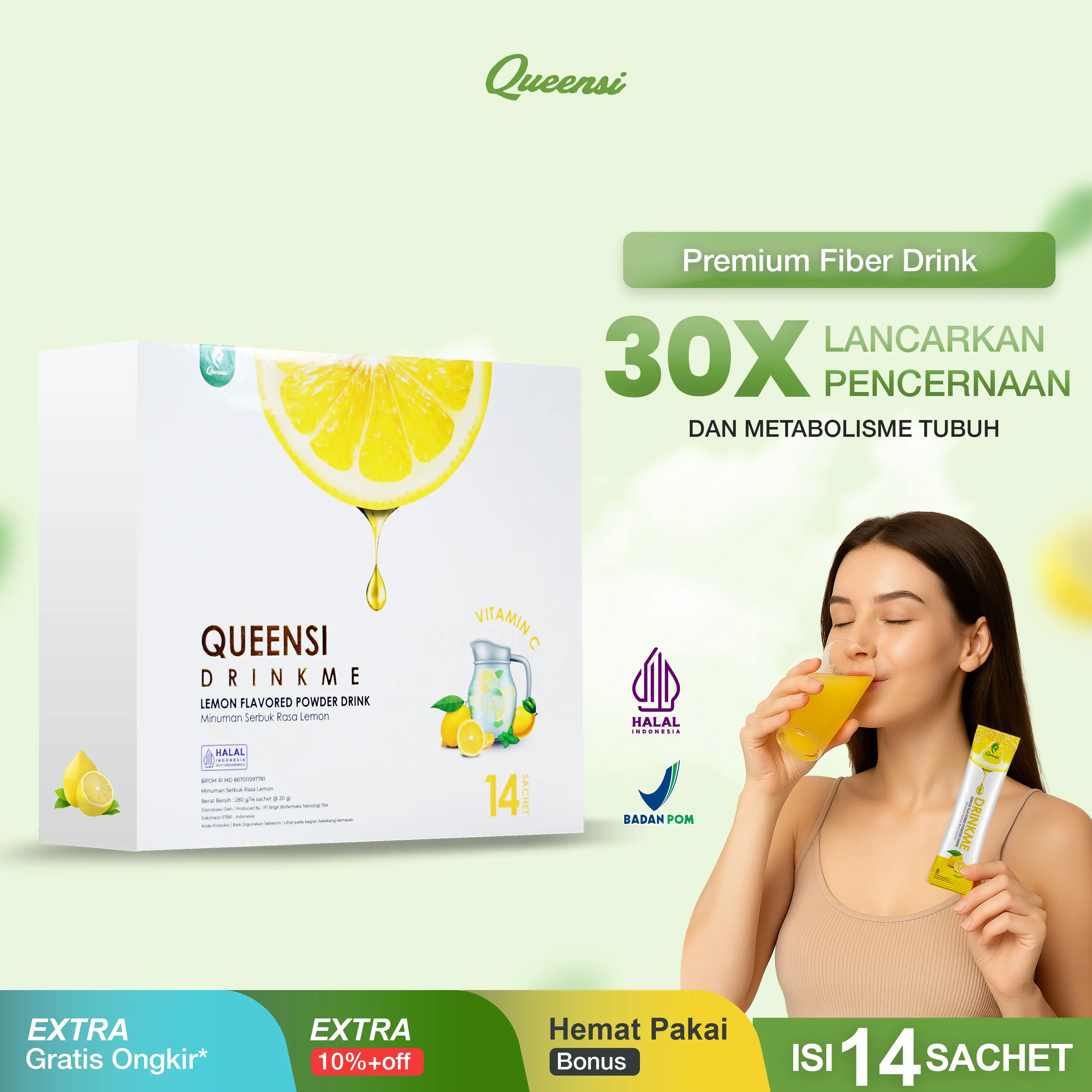 Queensi Drinkme Lemon 1 BOX (ISI 14 PCS) Flavored Powder Drink Minuman Serbuk Rasa Lemon tinggi serat