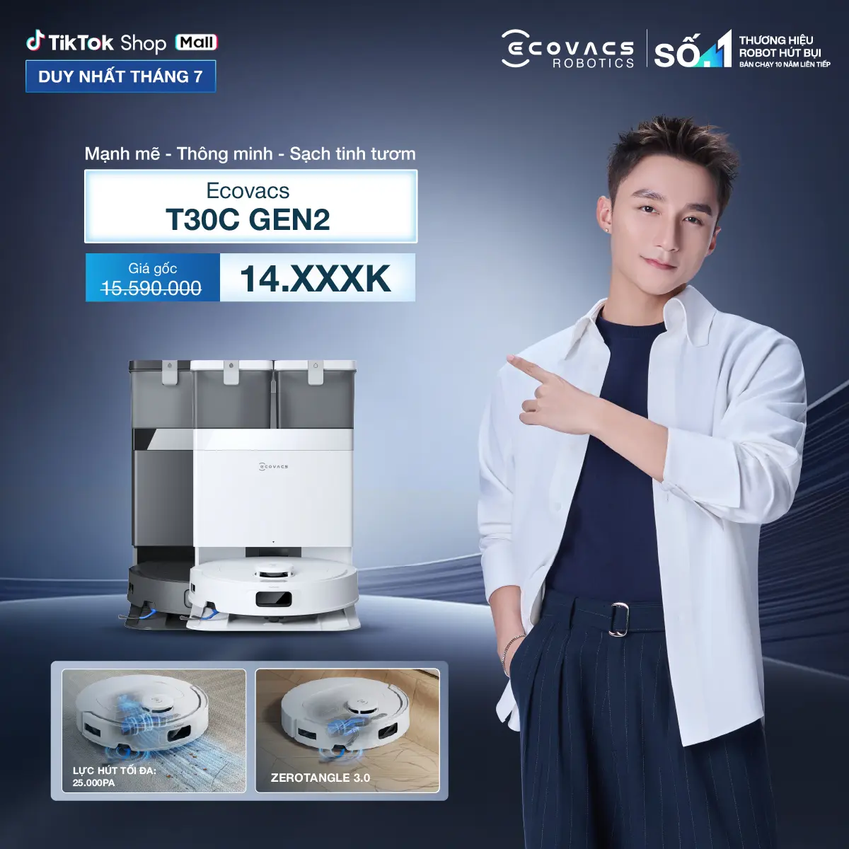 Robot hút bụi lau nhà Ecovacs Deebot T30C Gen2 - Lực hút 25.000Pa - OZMOTurbo 2.0/ ZeroTangle 3.0