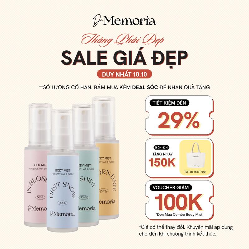 [MUA 2 CHỈ 480K] Body Mist Xịt Thơm Cơ Thể Không Cồn Khô De Memoria Hương Thơm Thanh Lịch (50ml) - BST Cảm Xúc Chân Thật Phù Hợp Cho Nữ & Unisex Phù Hợp Để Đi Học, Đi Chơi Và Hẹn Hò Perfume