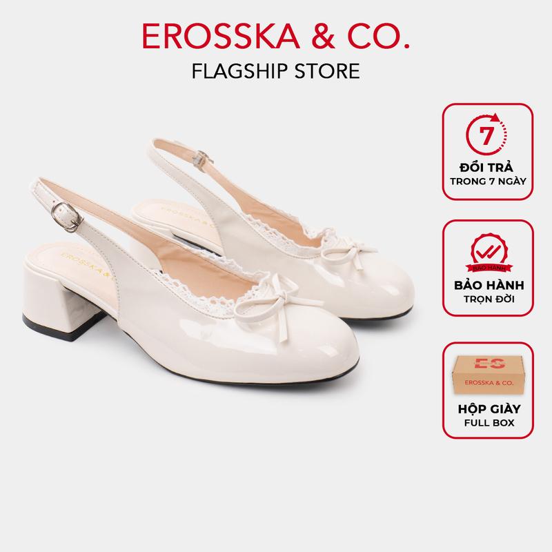 Erosska - Giày cao gót nữ mary jane mũi tròn phối nơ kiểu dáng dễ thương cao 5cm màu kem có hộp giày fullbox - EL054
