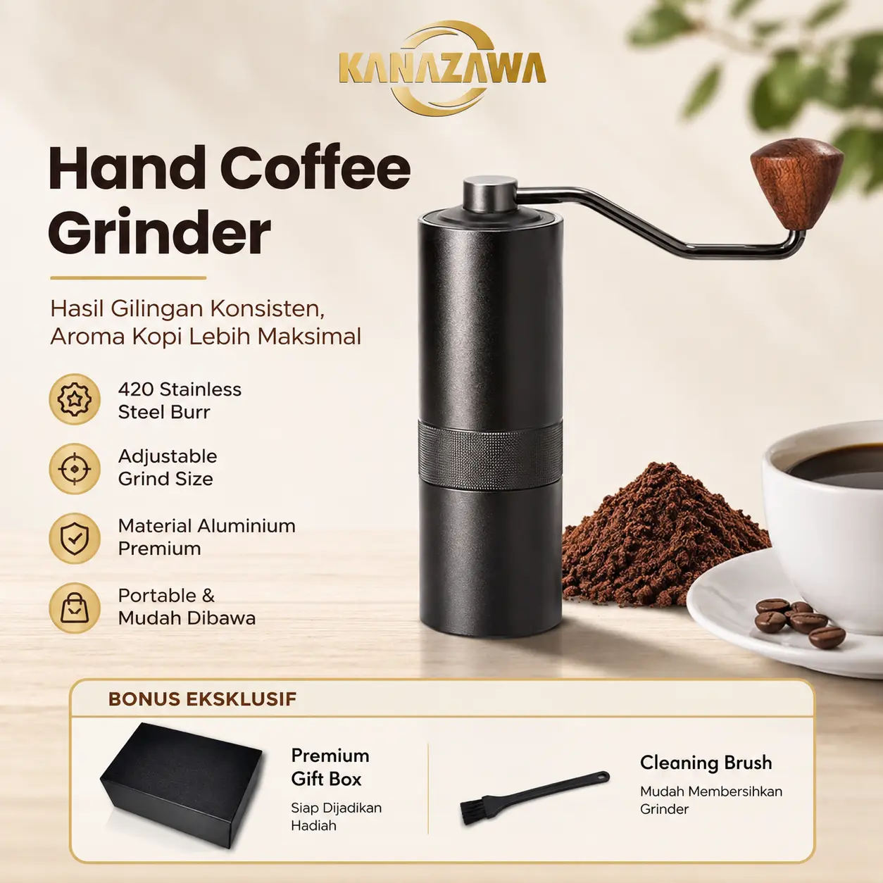 KANAZAWA Manual Coffee Grinder Premium, Penggiling Kopi Manual Portable dengan Burr Keramik, Adjustable Grind untuk Espresso V60 Moka Pot French Press