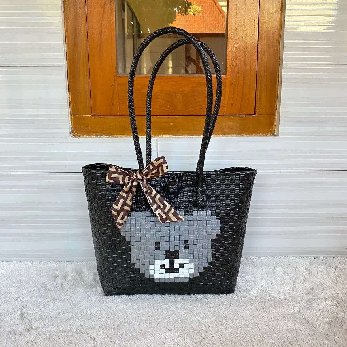 Tas Anyaman Motif Karakter Free Pita Rainbow Tote - Bahan Jally Premium Tahan Lama Wanita