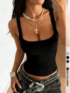 Camisola negra lisa de tirantes cortos con escote cuadrado para mujer, sin costuras y sin mangas, estilo streetwear Y2K, ideal para un estilo callejero casual, fiestas y uso diario