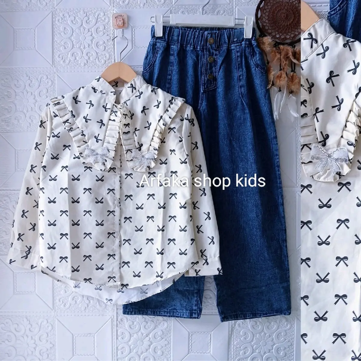 setelan anak blouse pita dan celana jeans kc tiga