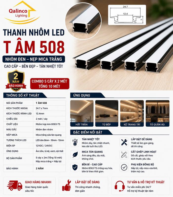 Combo 5 Cây 2M Nhôm LED Định Hình Đen Mica Trắng U509 T508 V601 Âm Trần Cao Cấp
