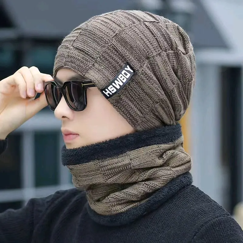 Ilhamriof - Topi Kupluk Syal Leher Hswboy Pria Dewasa Keren Rajut Knitte Musim Dingin Korean Style 1