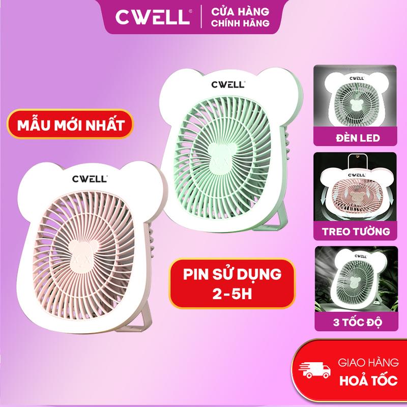 Quạt tích điện 3 tốc độ gió CWELL kèm dải 25 đèn LED quạt để bàn tai gấu cực mát tiện lợi treo tường đầu giường ngủ - TẶNG CÁP SẠC USB Mobile