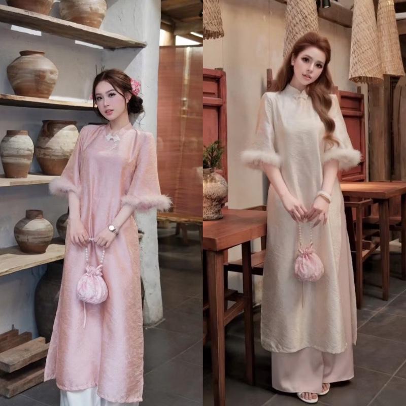 Có bigsize- Hàng chuẩn Áo dài gấm lụa tay lưng phối lông thỏ form rộng xuông KÈM QUẦN kho sỉ hải chuyền AD30