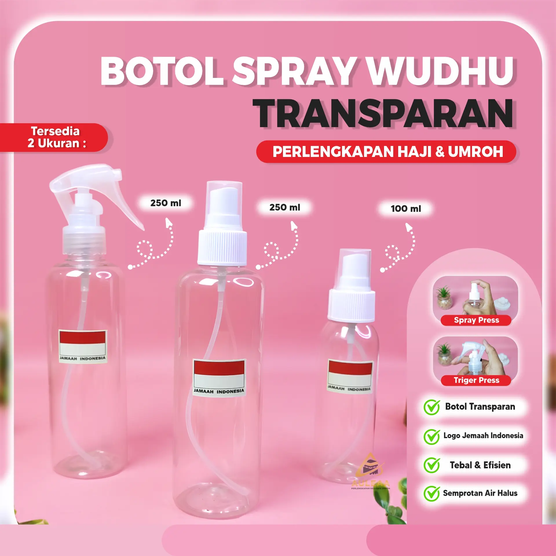 Botol Wudhu Spray Transparan Perlengkapan Haji Umroh 100 ml 250 ml Logo Jemaah Indonesia Ringan Praktis Tebal - AULEAA