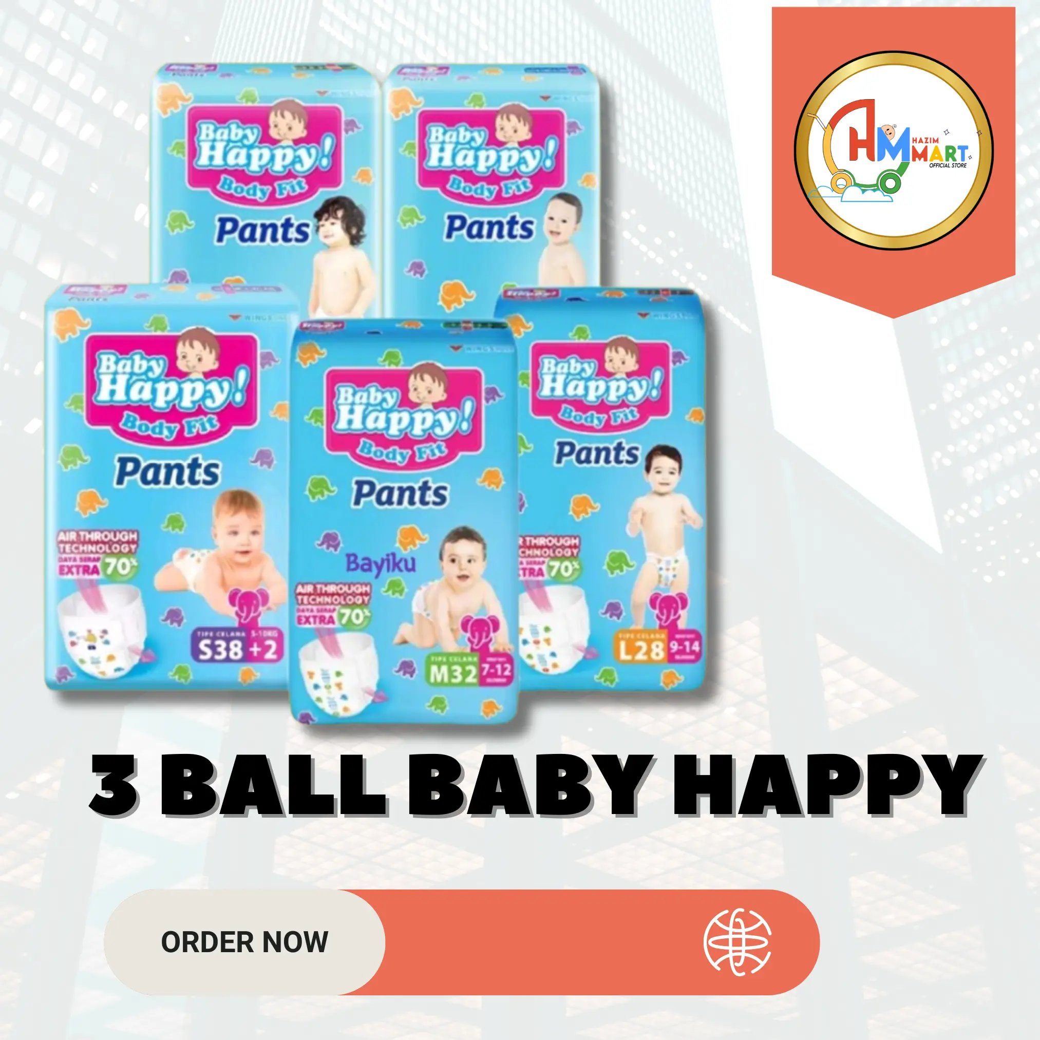 [Paket Hemat 3 Ball] Popok Bayi  Baby Happy Pants S38.M32.L28.XL26.XXL24 Diapers Bayi Dan Anak Anak Type Celana Murah Orang Tua