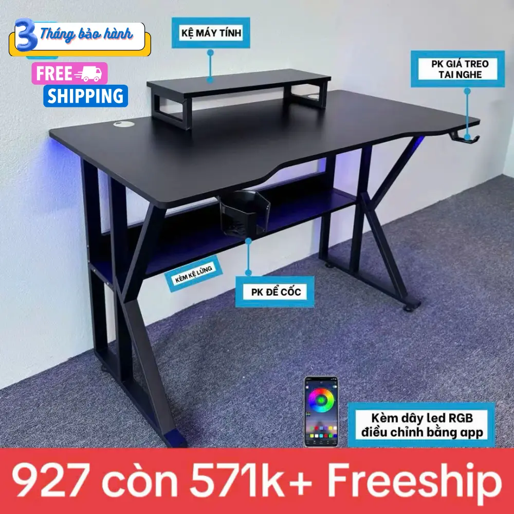 [Kèm kệ lửng]  Bàn gaming, bàn làm việc Nội Thất 5C-Model 1 Ethan plus có kệ lửng mặt gỗ MDF dày 15mm kèm 2 lỗ đi dây điện tiện lợi, kèm phụ kiện giá đựng cốc và giá treo tai nghe chân sắt 20x40mm dày dặn[Nội Thất 5C]