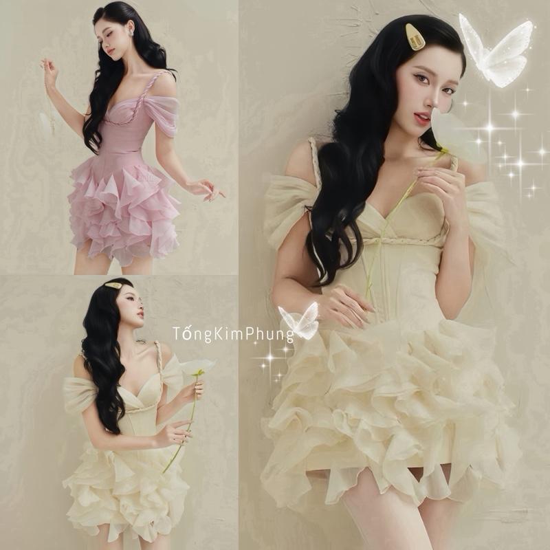 Đầm Dự Tiệc Thiết Kế Trễ Vai Hai Dây Rớt Cúp Ngực Xòe Tầng Bồng Sang Chảnh quần rời
