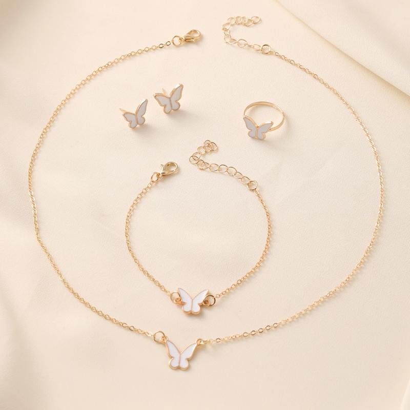 Bộ Vòng Cổ Bướm, Bộ 4 Món, Vòng Tay / Đường Viền Cổ Áo / Hoa Tai / Nhẫn Thời Trang Dễ Phối Đồ Thanh Lịch Cao Cấp, Thích Hợp Làm Quà Tặng Bạn Thân 1