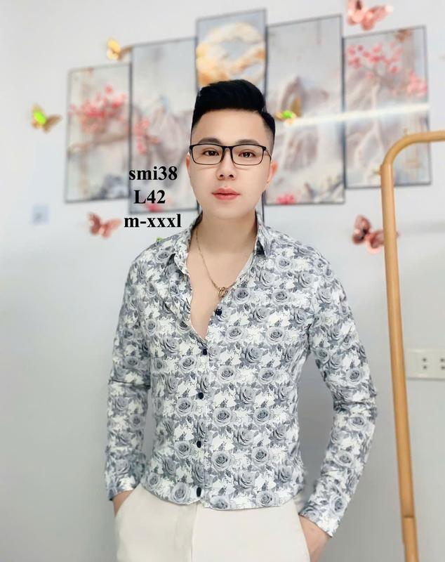Áo sơ mi lụa nam không nhăn thiết kế họa tiết hoa hồng tuyết L42