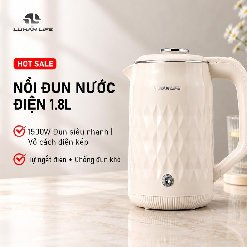 Ấm Siêu Tốc Đun Nước 2 Lớp Cách Nhiệt Tự Ngắt, Bình Đun Nước Luhan Life 1.8L Công Suất 1500W