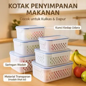 PAKET 2 SET 6 PCS 3 Ukuran Food Container Kotak Penyimpanan Makanan Buah dan Sayur Kulkas / Keranjang Saringan Pengering Sayur Container Kulkas / Tempat Sayuran Kulkas Multifungsi 3in1