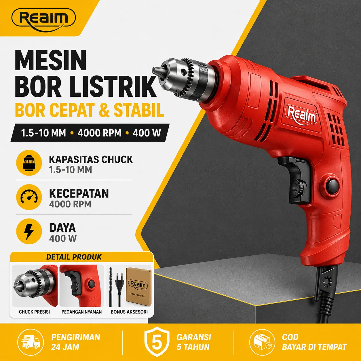 REAIM Mesin Bor Listrik 10MM Bor Impact Bor Dampak Impact Drill Bor Beton Bor Tembok Bor Kayu Alat Bor