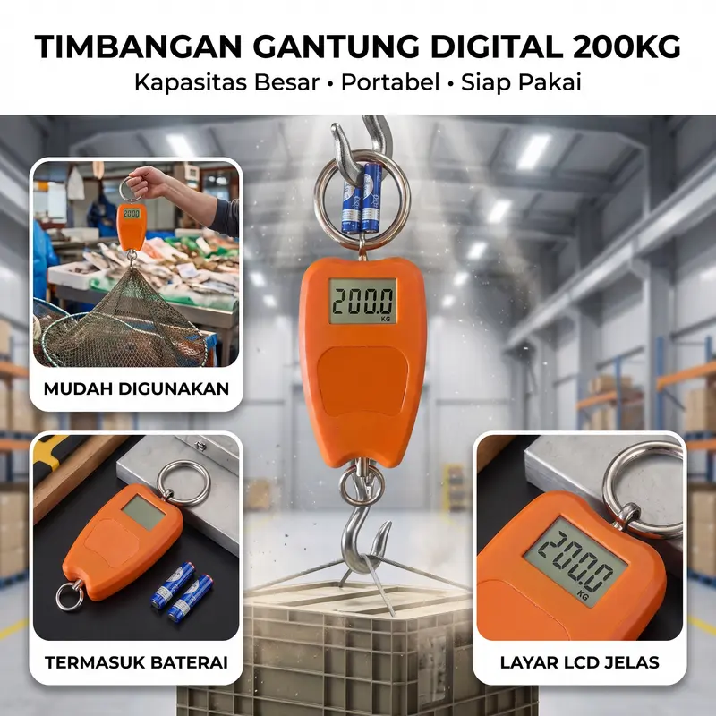 Timbangan Gantung Mini Oranye untuk Bagasi dan Barang Gudang Timbangan Digital Portabel Kapasitas 200kg dengan Layar LCD