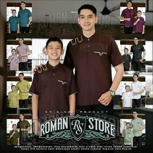 ROMANSTORE Baju Koko Pria Couple Ayah Anak Muslim Bahan Katun Toyobo Premium Warna Burgundy kokopria kemeja santri pria koko  denim koko  pria set koko anak baju koko ayah dan anak laki Dewasa Motif Pendek Formal jangan dicuci kering regular fit Keluarga