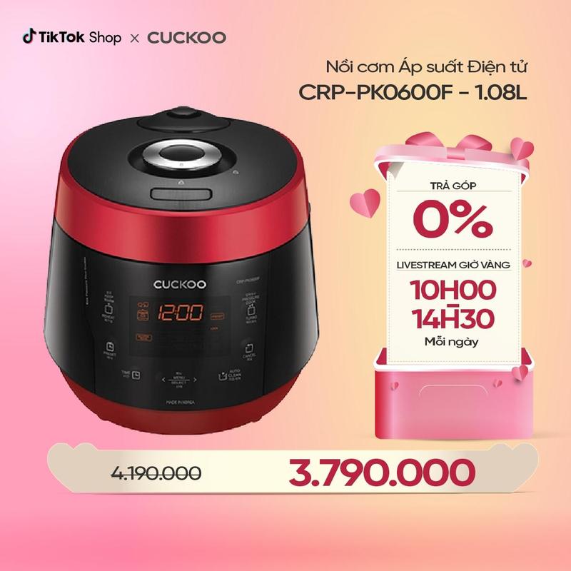 [Deal độc quyền] Nồi cơm điện tử áp suất Cuckoo 1,08 lít CRP-PK0600F - Bảng điều khiển tiếng Anh - Lòng nồi chống dính - Nhiều chức năng nấu ăn - Hàng chính hãng - Chất lượng Hàn Quốc