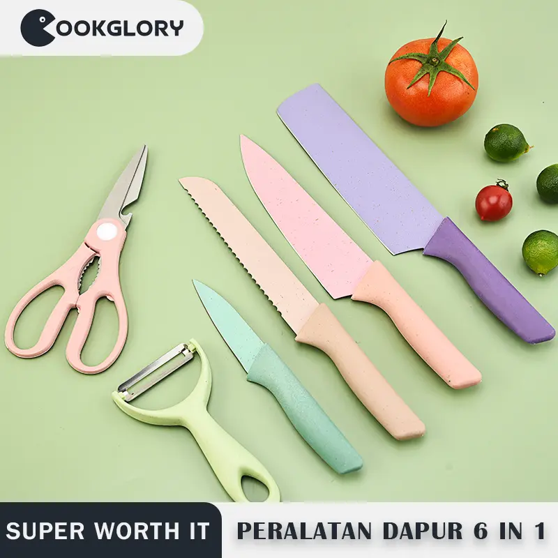 COOKGLORY Pisau Set 6 in 1 Peralatan Dapur Kitchen Knife Kitchen Knife Set 6 In 1 Multicolor Pisau Daging Pisau Sayur Pisau Buah Gunting Alat Dapur Multifungsi set  pisau