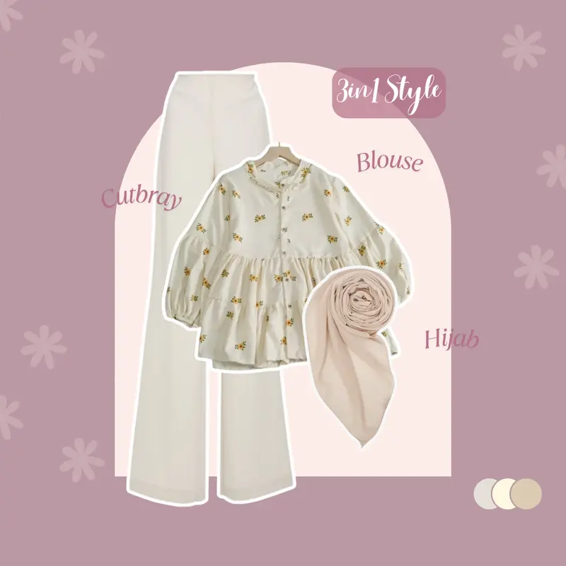 Setelan One Set Wanita 3in1 [ Atasan Blouse Bunga + Celana Cutbray + Hijab Segi Empat ] Baju Remaja LM055 1