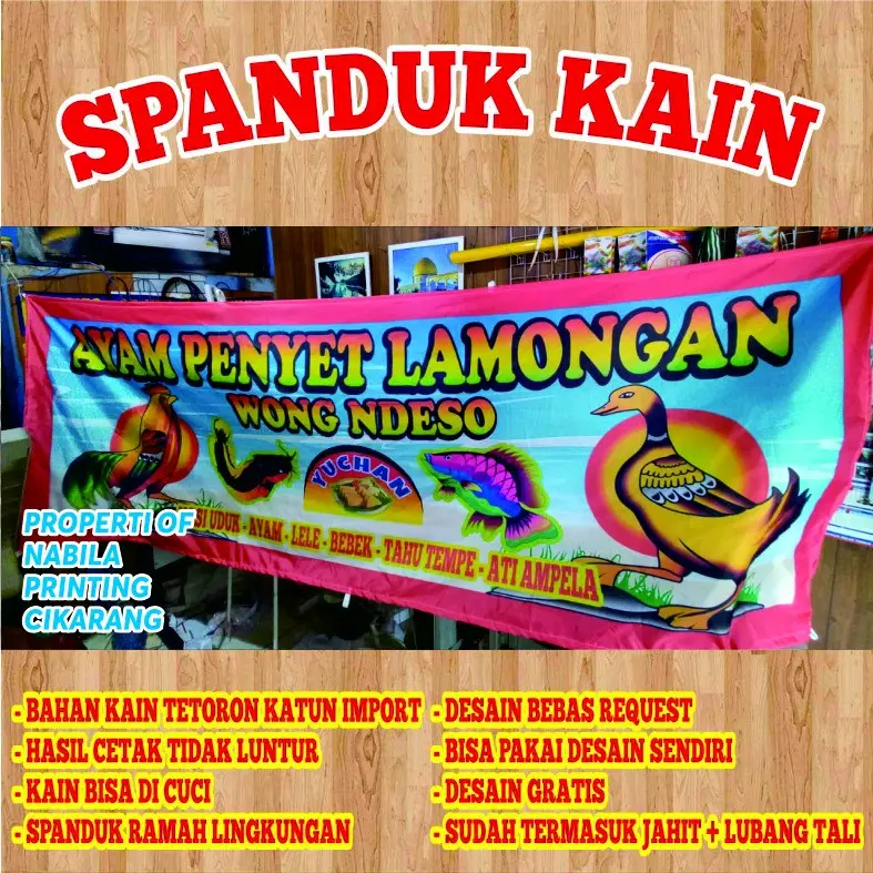spanduk kain pecel lele, lalapan, sari laut, nasi goreng dll
