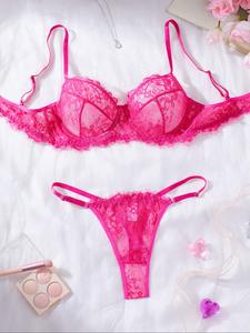Conjunto de lencería sexy para mujer con brasier y tanga de encaje, conjunto de brasier y tanga de color sólido para mujer, conjunto de lencería para mujer