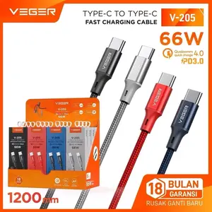 Veger Kabel data Charger Cepat Type-C ke Type-C V-205 66W Qualcomm Quick Charge 4.0 PD3.0 1200mm Fast Charging murah Cable Panjang