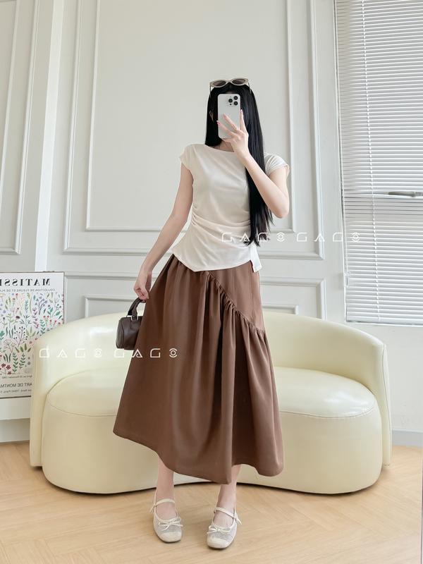 Chân Váy Midi Nữ GAGO Brand Nhún Xéo 1 Bên Lưng Dây Kéo Vải For Chống Nhăn Women Dễ Phối Đồ