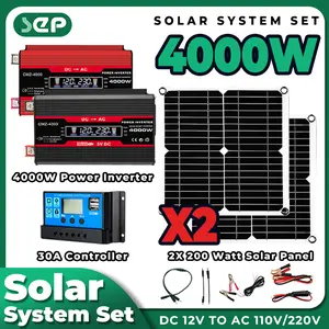 Kit Solar DC12v 4000w Inverter 2*200w Solar Panel 110V220v Full Set For House 30a Controller Solar System For Home Camping Car