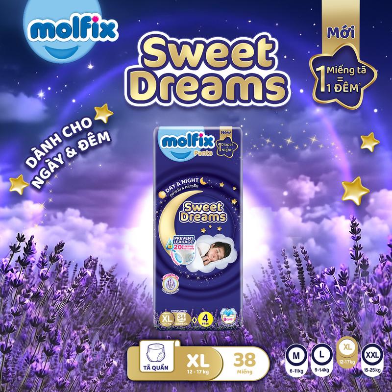[Tặng xe chòi] Combo 3 Tã quần ban đêm cho bé Molfix Sweet Dreams Jumbo chống tràn hiệu quả với 20 tư thế ngủ size M52/L44/XL38/2XL34