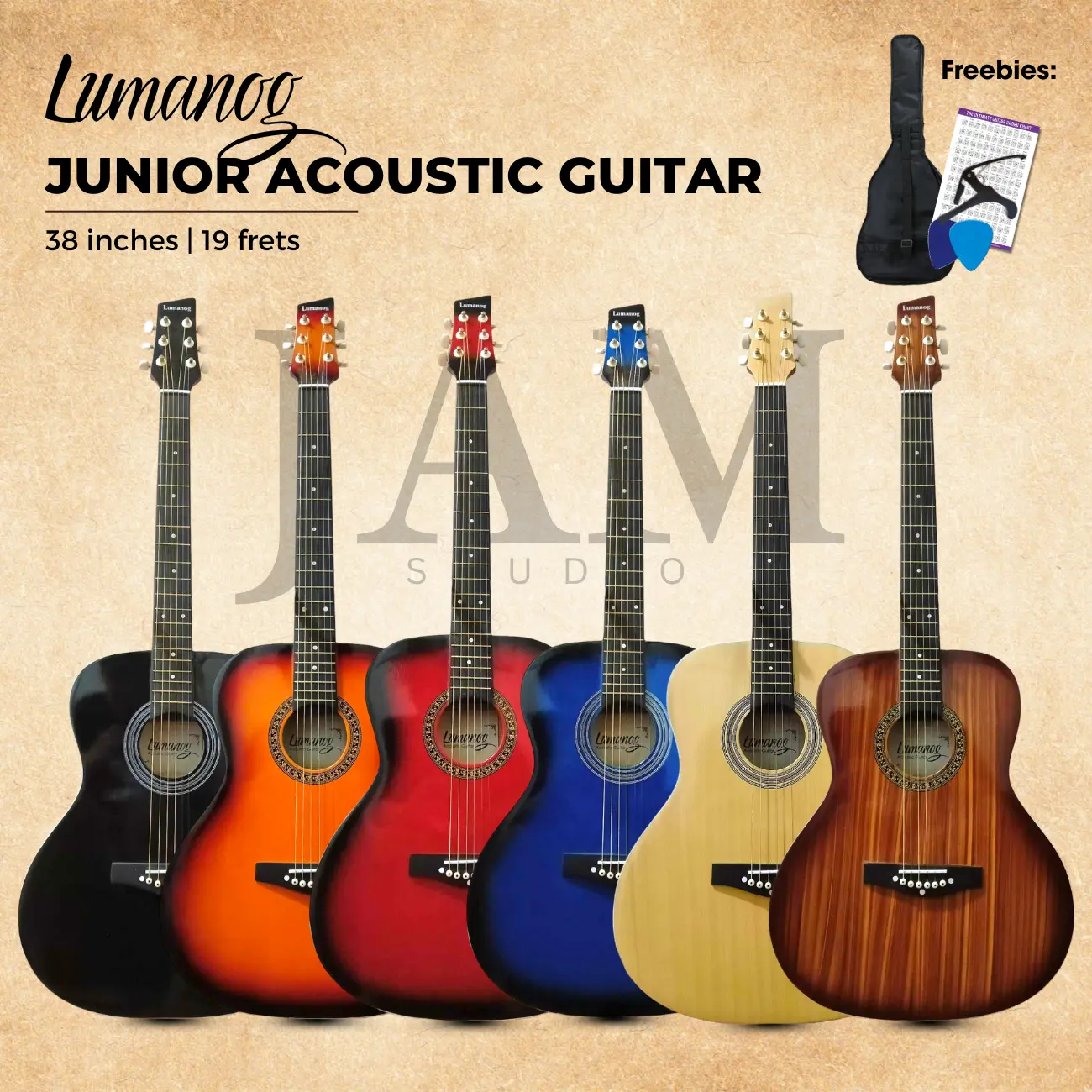 Lumanog Junior Round Acoustic & Acoustic-Electric Guitar for Beginners 38 inches Travel Guitar