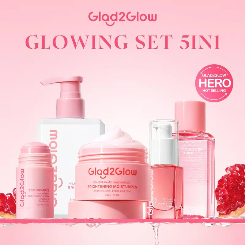 [New] Glad2Glow Glowing bundle all in 1 - 2/3/4/5 PCS Skincare Paket-Brightening toner+Brightening Moisturizer+Cleanser+Brightening Serum Pomegranate Niacinamide Extract Hitam Mencerahkan Wajah Mencerahkan Melembabkan Kulit skin skincare G2G 1