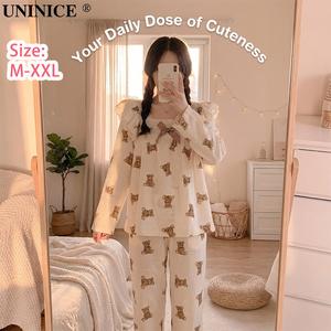 UNINICE Korean Style Cute Bear Pajama Set for Women | Crew Neck Long Sleeve Soft Loungewear Size M-XXL
