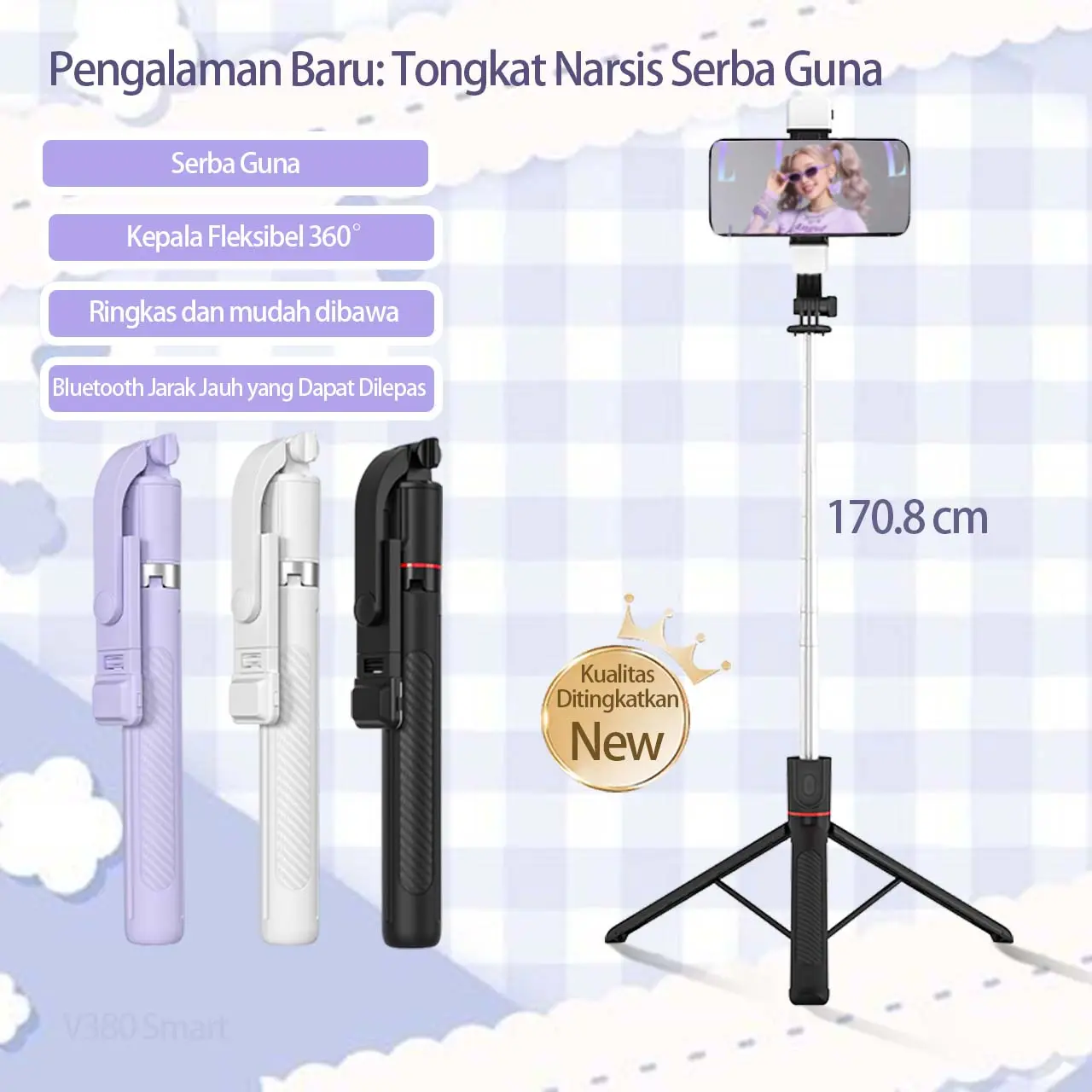 LUXARA 170CM Selfie Stick Tripod Tongsis Aluminium dengan LED Fill Light Wireless Bluetooth Remote Control 360° Rotation Adjustable Phone Holder Portable untuk Vlogging Live Streaming Kamera Ponsel V380 Smart