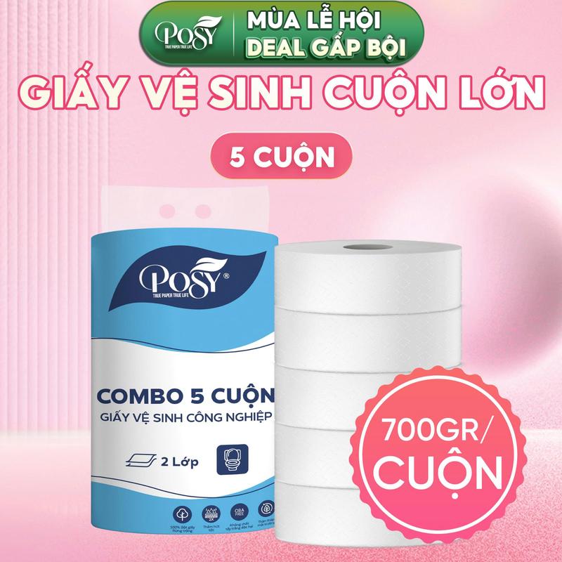  POSY | Combo 5 Cuộn Giấy Vệ Sinh Cuộn Lớn 700gr - 2 Lớp Tiết Kiệm Tiện Dụng Cho Gia Đình & Nhà Hàng Văn Phòng Chất Giấy Mềm Mịn DAI An Toàn Lành Tính Tan Trong Nước 