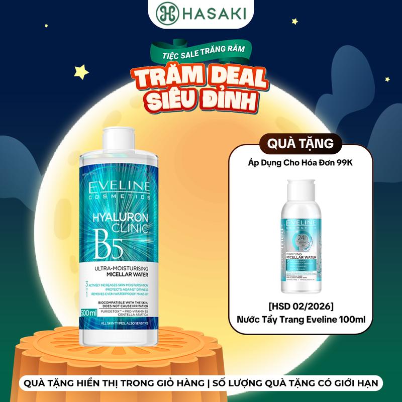 [HÓA ĐƠN 99K TẶNG NƯỚC TẨY TRANG 100ML] Nước Tẩy Trang Eveline Hyaluron Clinic B5 Cấp Ẩm 500ml Hyaluron Clinic B5 Ultra-Moisturising Micellar Water | HASAKI BEAUTY Cosmetic Nữ Cosmetic Nữ