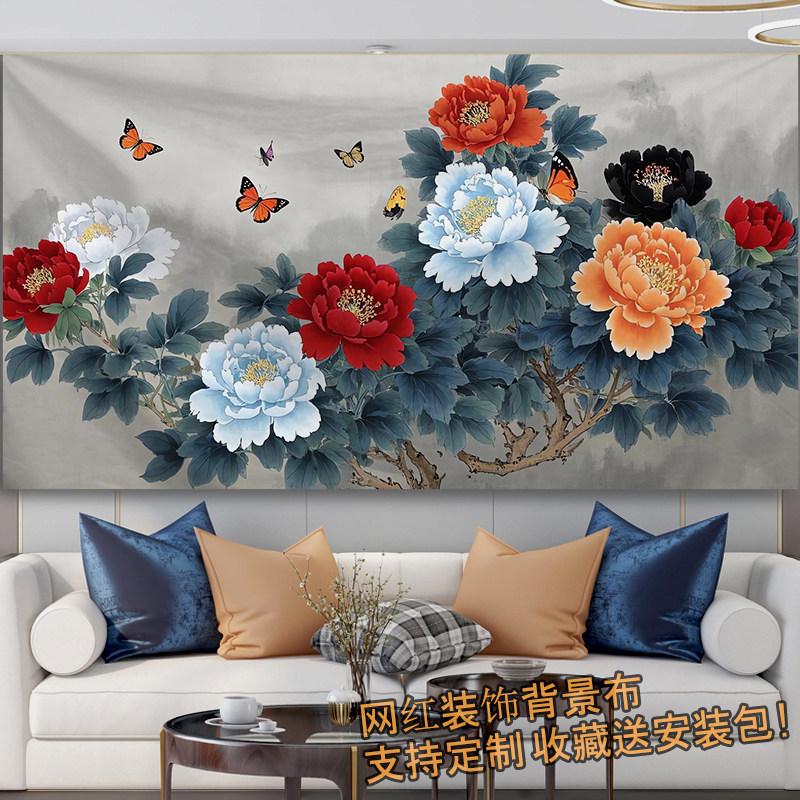 Lukisan peoni bunga nasional bergaya Tionghoa untuk dekorasi ruang tamu, kantor, dan penyewaan rumah, kain latar dinding, karpet gantung untuk live streaming populer Lukisan peoni bunga nasional bergaya Tionghoa untuk dekorasi ruang tamu, kantor, dan penyewaan rumah, kain latar dinding, karpet gantung untuk live streaming populer