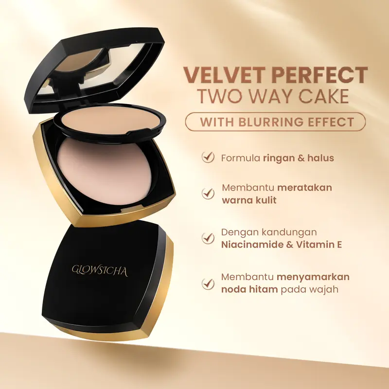 Glowsicha Velvet Perfect Two Way Cake – Mencerahkan Wajah Tahan Lama Ringan di Kulit Halus di Kulit Mencerahkan & Menyamarkan Noda 1