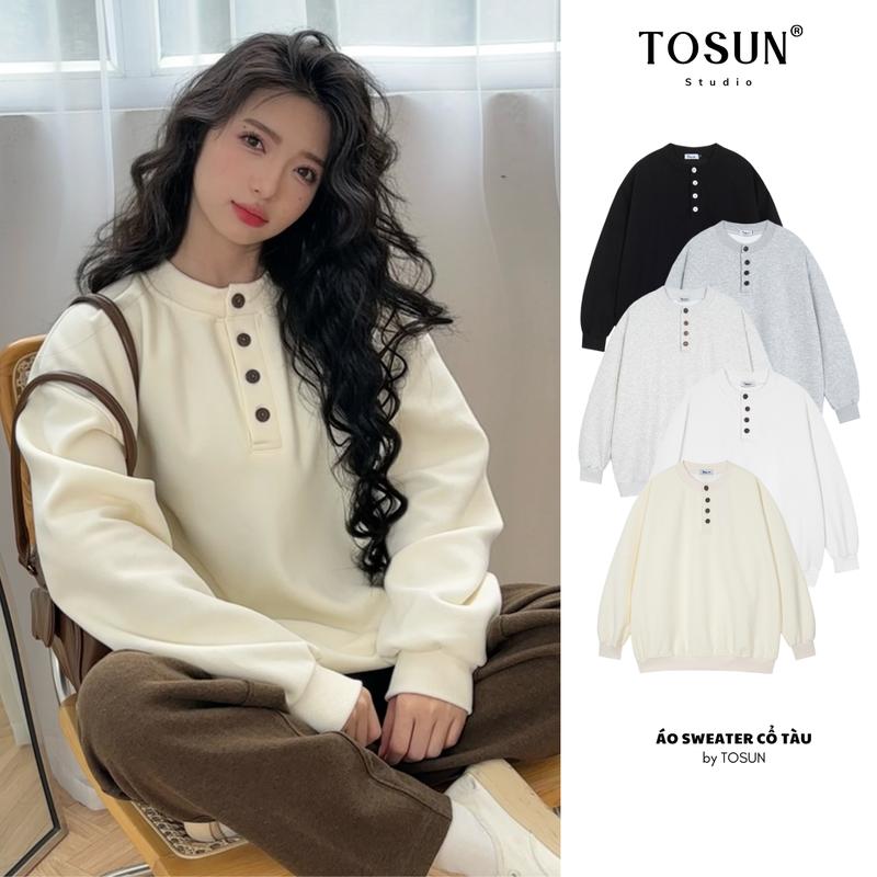 TOSUN Áo sweater cổ tàu trơn basic form rộng chất liệu nỉ 2 da mẫu mới 2024 S20 Nữ Top