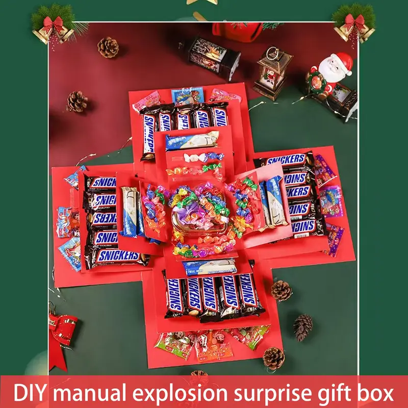 Product Introduction of 5-Story Surprise Explosion Gift Box with Ribbon, Multi-Pocket Snack & Candy Storage, Perfect for Birthdays, Festivals, Holidays 12