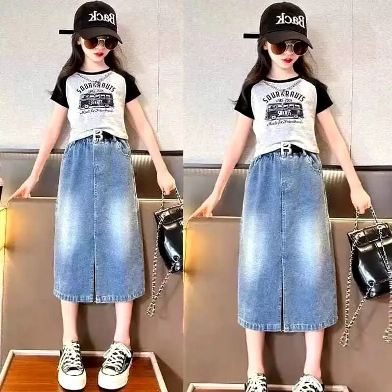 Rok Jeans Anak Perempuan Model Rok belah tengah 7/8 size tanggung untuk Usia 6 - 13 Tahun thoafaro RA1
