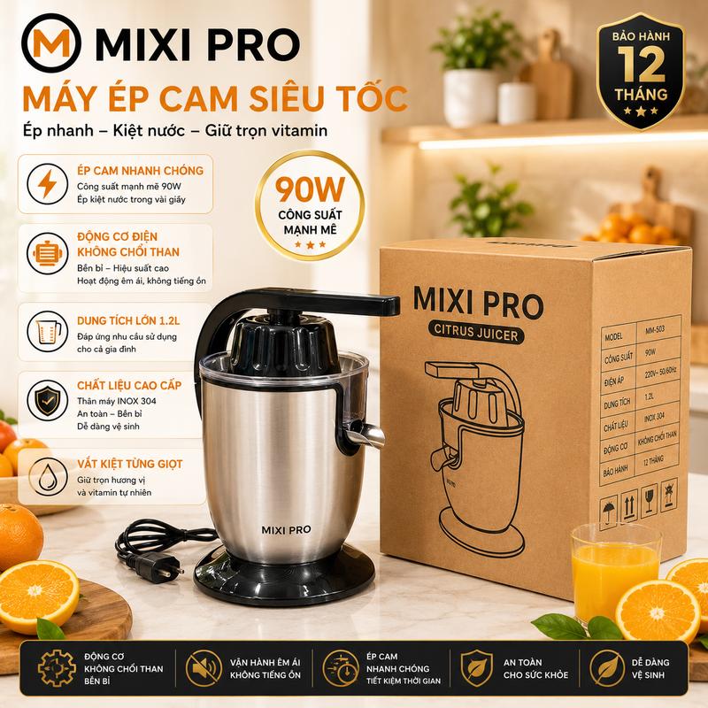 Máy Ép Cam 90W MIXIPRO Động Cơ Điện Không Chổi Than – Lọc Bã Mịn, Ép Nhanh, Dùng Gia Đình & Quán