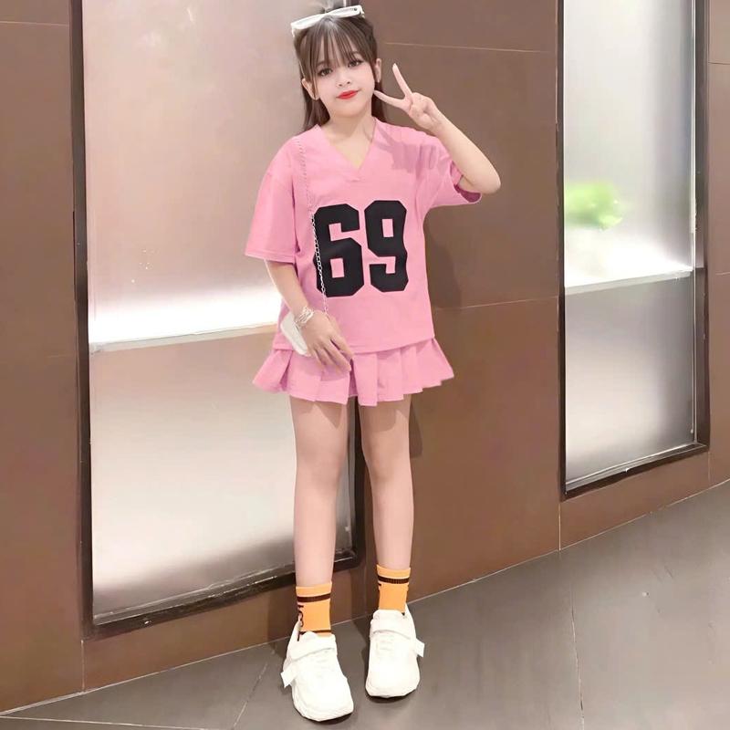 4-15 tuổi. Sét bộ chân váy xếp ly có lót váy cho bé gái in số 69 chất vải cotton mềm mịn thấm hút mồ hôi. VS02 8