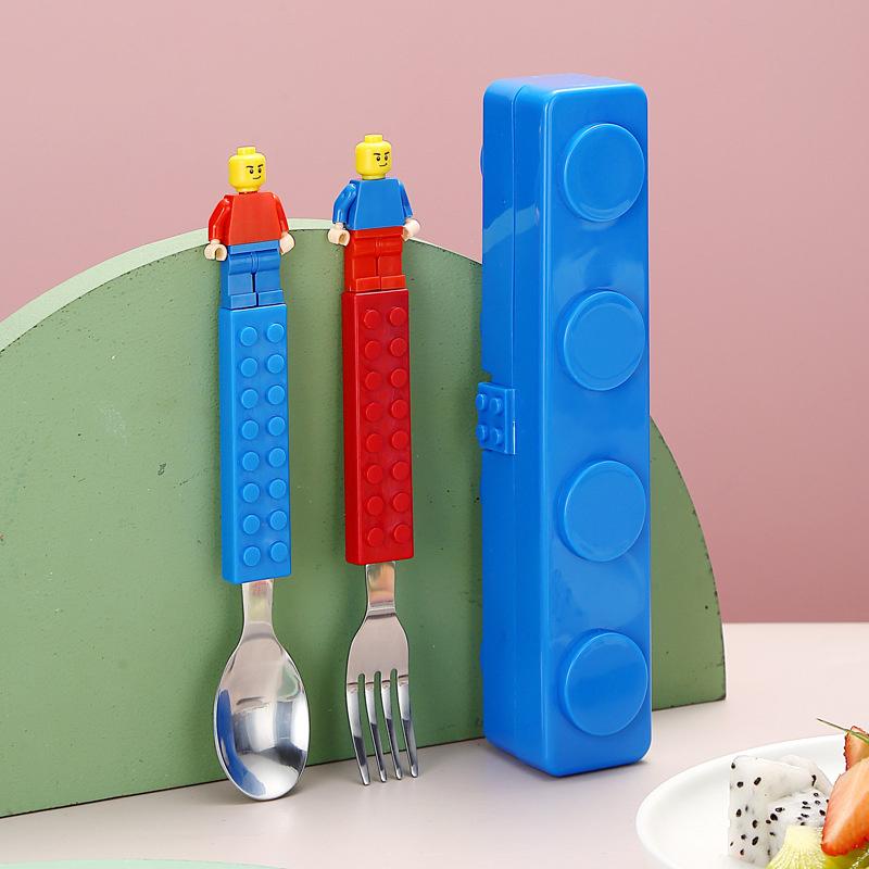 Cartoon Creative Portable Tableware Baby Stainless Steel Tableware Fun Children Assembled Building Blocks Fork Spoon Set Portable Tableware 6