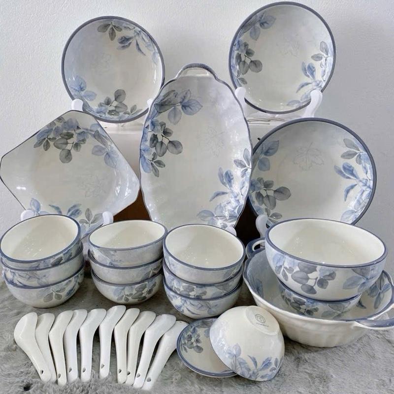  Sét bát đĩa gốm sứ hoa văn hoạ tiết Diệp Hồng cao cấp  hàng loại 1 men đẹp dày dặn sét 31 món 