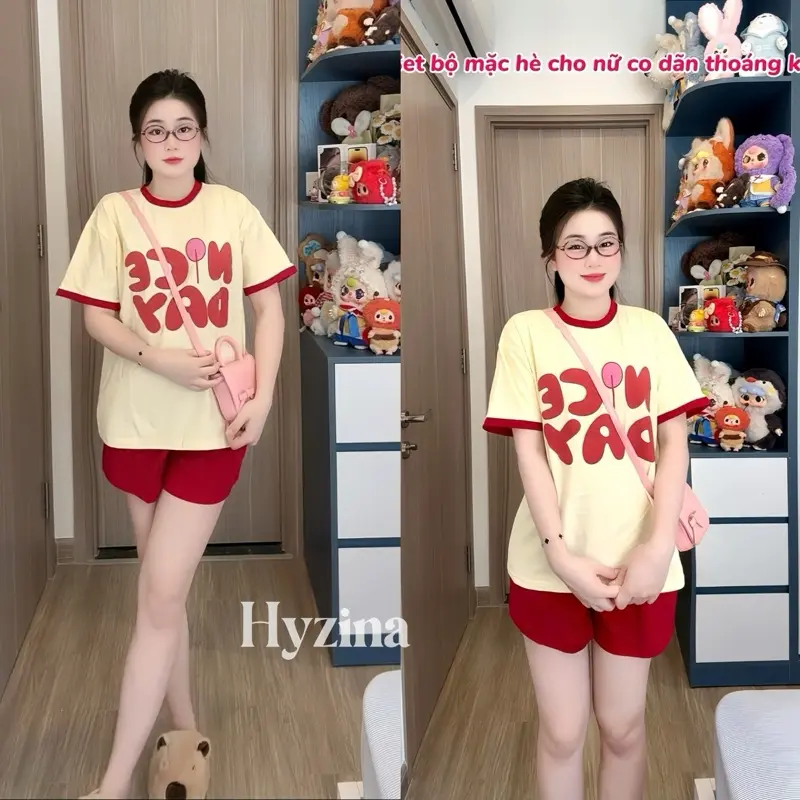 Set Bộ Quần Áo Nữ, Họa Tiết Chữ NiceD, Chất Liệu Cotton Mịn, Chất Mát, Co Dãn Phù Hợp Mặc Nhà Đi Chơi Màu Đen Women 2